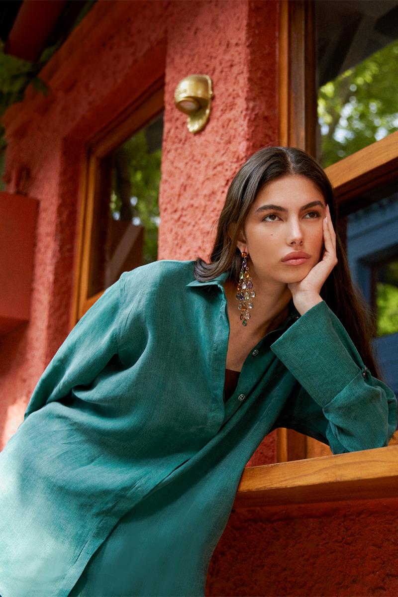 Zümrüt-Metal Düğmeli Gizli Patlı Gömlek Tunik