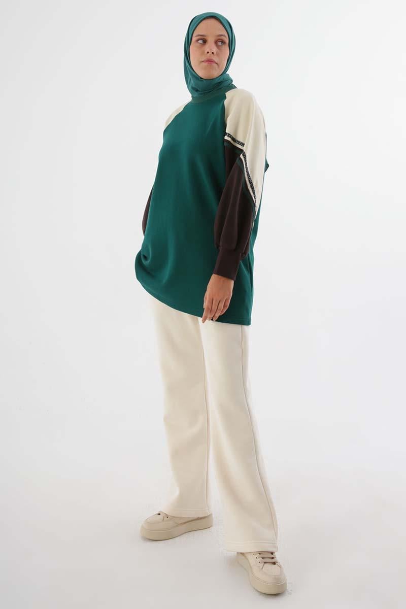 Şardonlu Deri Garnili Şeritli Sweatshirt