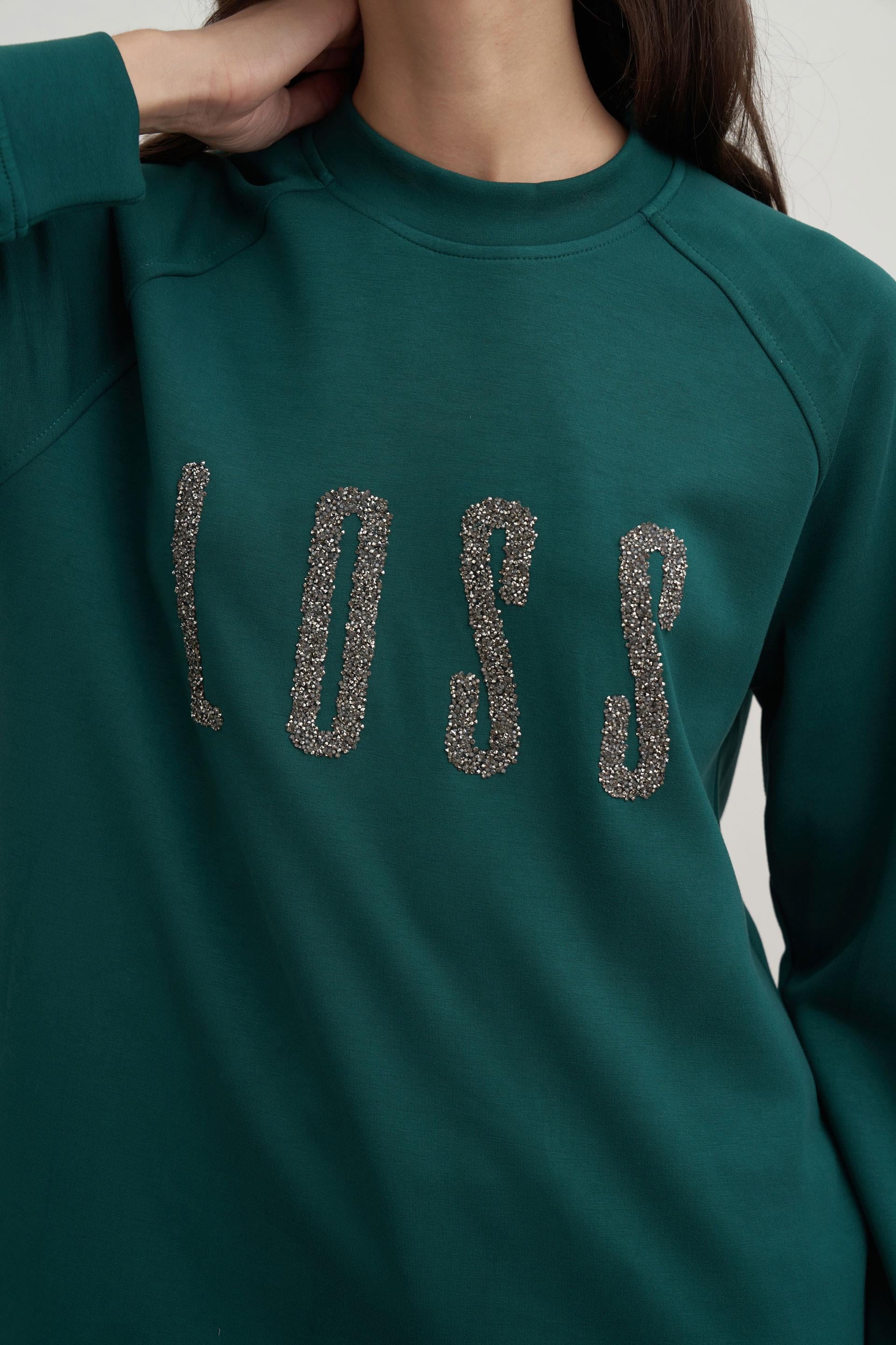 Zümrüt-Yumuşak Dokulu Baskılı Reglan Tunik