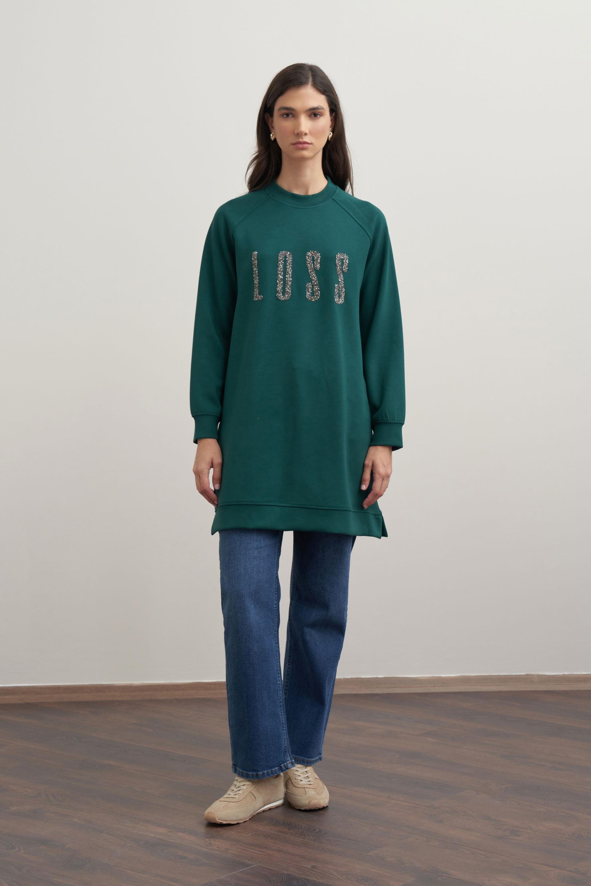 Zümrüt-Yumuşak Dokulu Baskılı Reglan Tunik