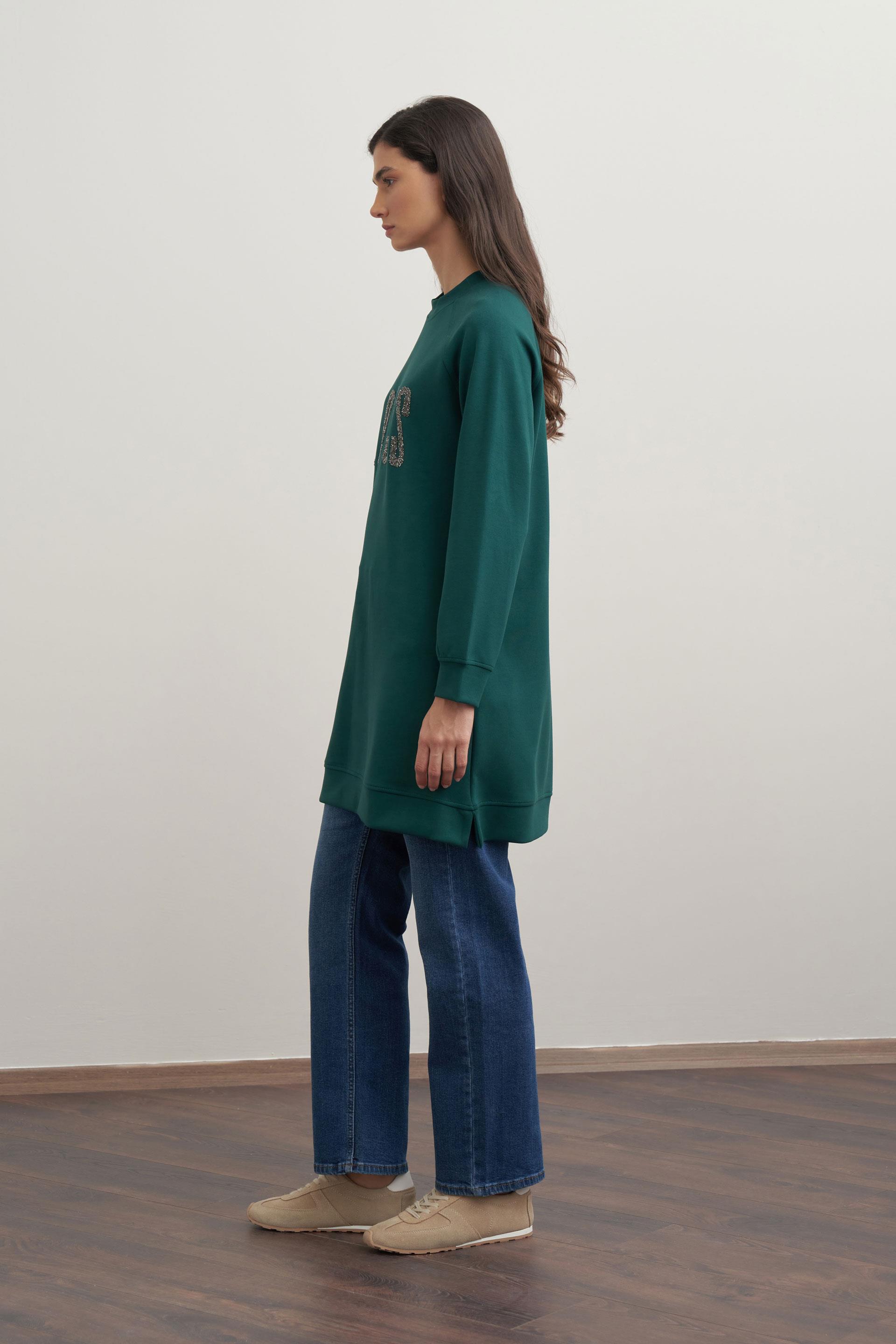 Zümrüt-Yumuşak Dokulu Baskılı Reglan Tunik