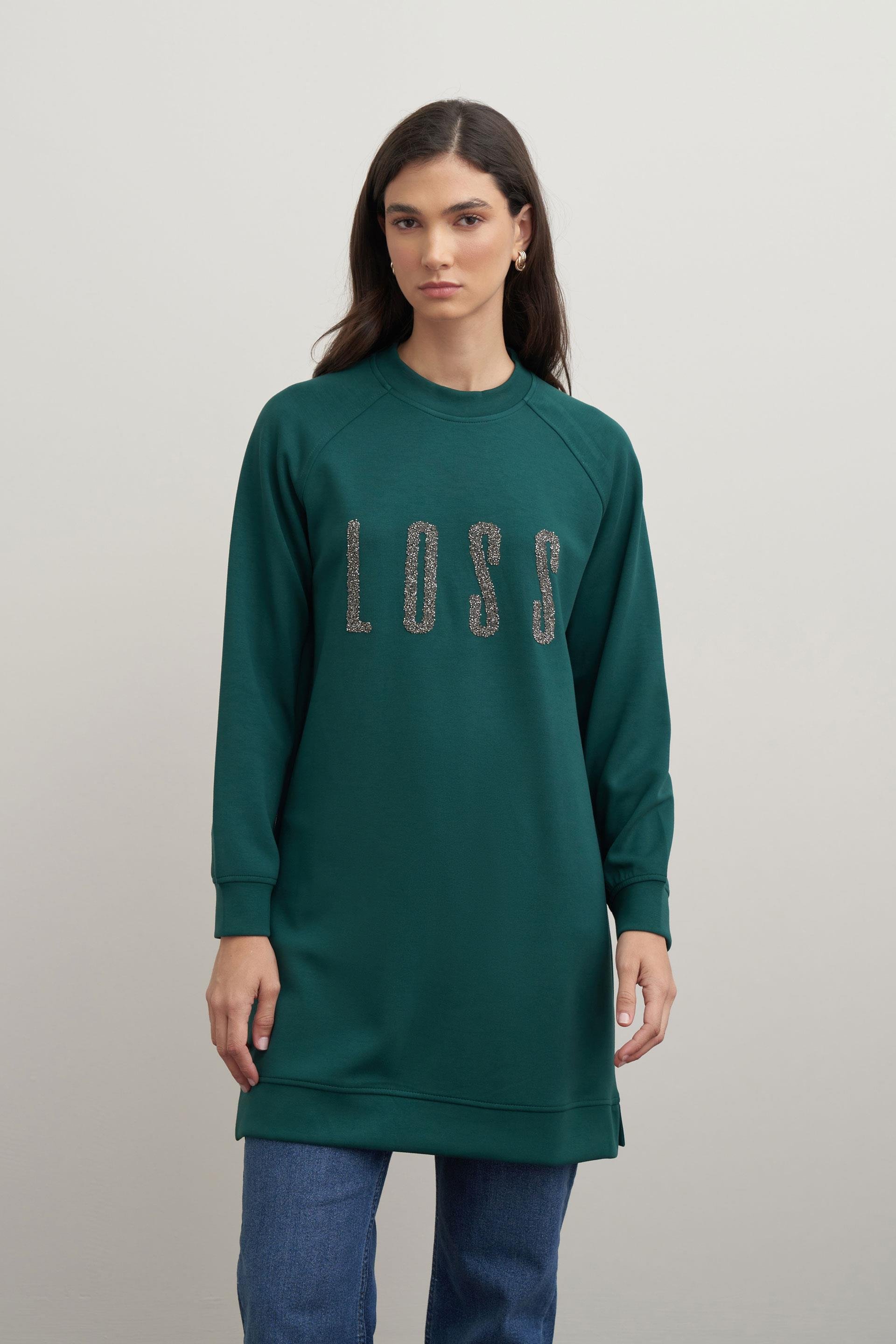 Zümrüt-Yumuşak Dokulu Baskılı Reglan Tunik