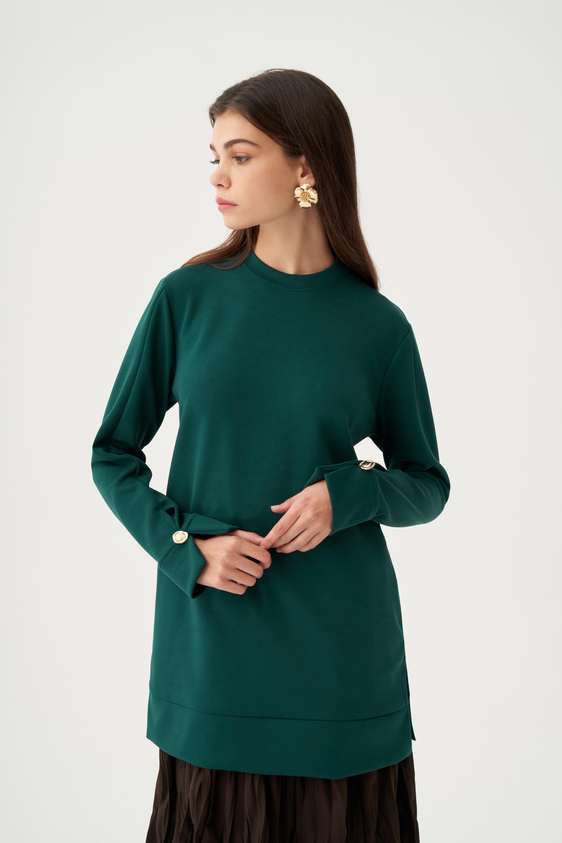 Zümrüt-Yumuşak Dokulu Gold Dügmeli Sweatshirt