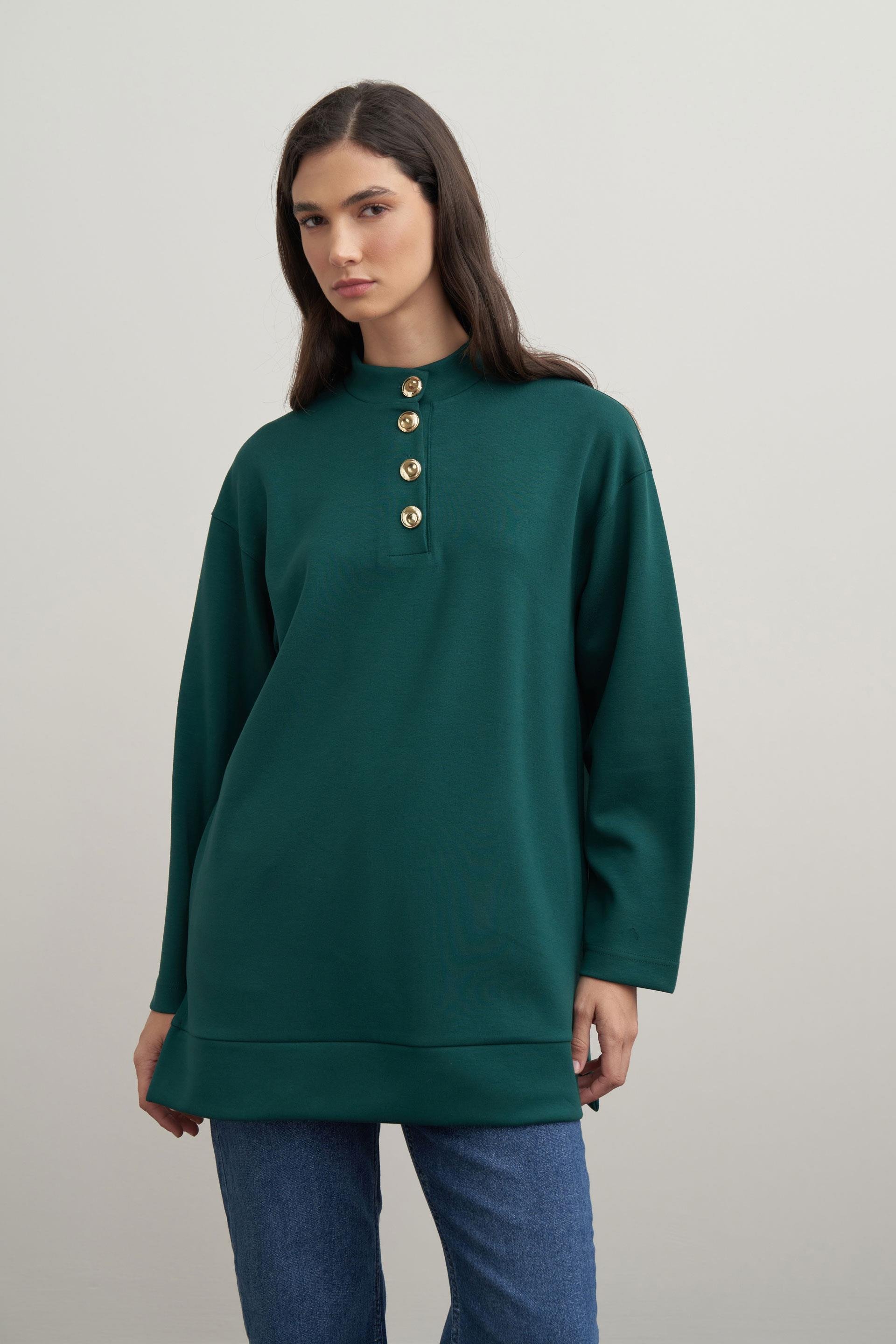 Zümrüt-Yumuşak Dokulu Gold Düğmeli Tunik