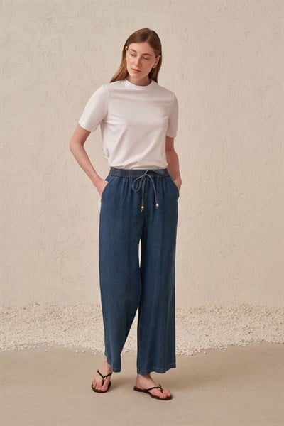 Açık Mavi-Beli Lastikli Denim Pantolon