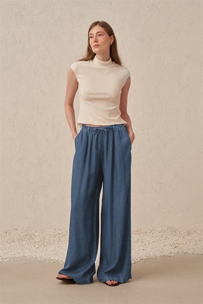 Açık Mavi-Beli Lastikli Denim Pantolon