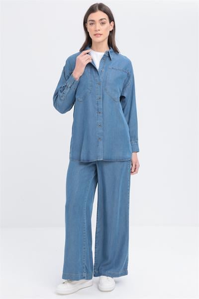 Açık Mavi-Büyük Cepli Denim Pantolonlu Takım
