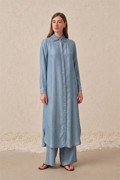 Açık Mavi-Denim Uzun Gömlek
