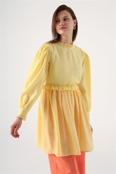 Light Yellow-Ruffle Detailed Tunic with Gathered Waist