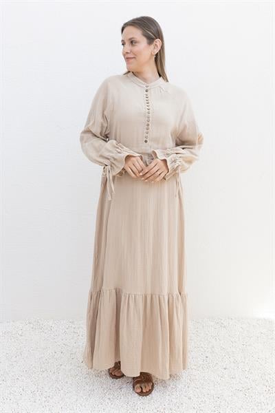 Bej-Beli Bağlamalı Biritli Elbise