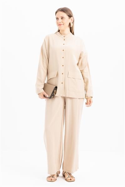 Beige-Viscose Shirt Tunic With Waist Ties