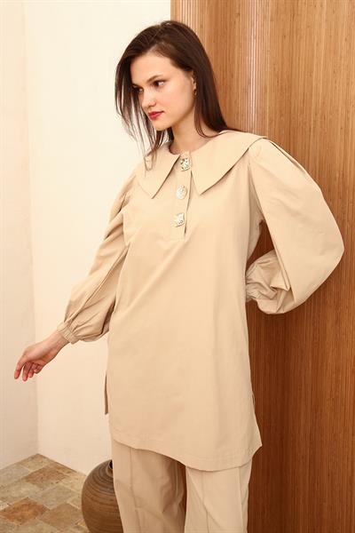 Beige-Gold Buttoned Big Collar Trousers Suit