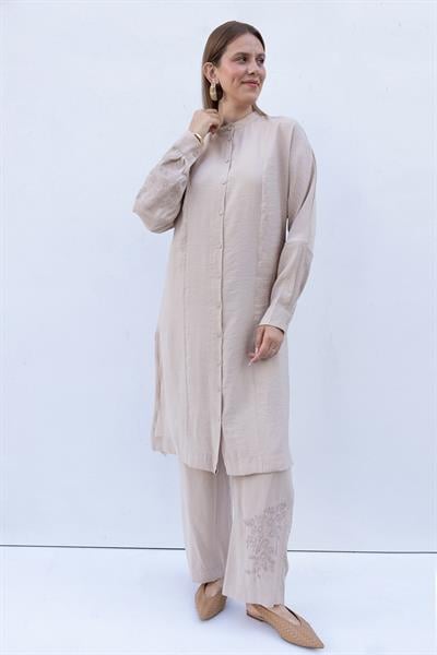 Beige - Modal Pants Suit With Embroidery Detail