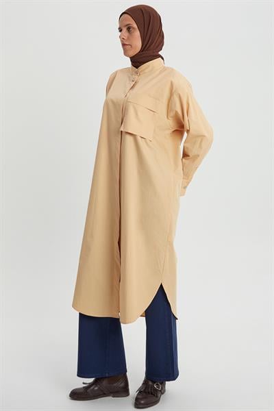 Beige01-100% Cotton Magister Collar Single Pocket Tunic