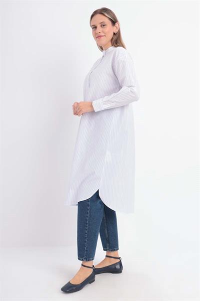 White-Blue-Cotton Striped Poplin Shirt Tunic