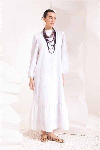 White-Embroidered Skirt Ruffled Dress