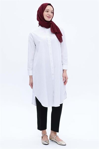 White-Cotton Striped Poplin Shirt Tunic
