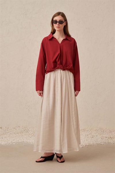 Bordo-Aplike Detaylı Bluz