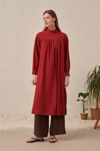 Bordo-Büzgü Detaylı Tunik