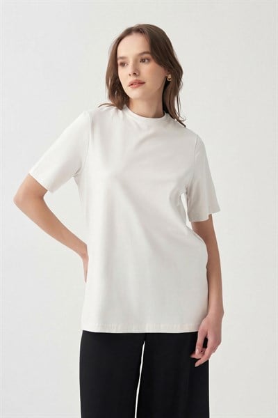 Ekru-Bisiklet Yaka Modal T-Shirt