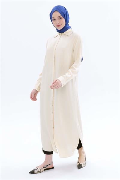 Ecru-Hidden Placket Shirt Tunic