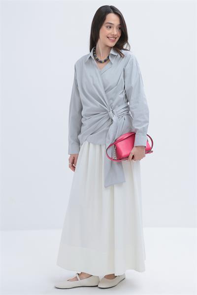 Gray-Viscose Shirt Tunic With Waist Ties