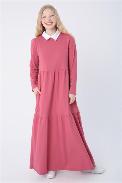 Dusty Rose-Cotton Shirt Collar Pocket Ruffle Knitted Dress
