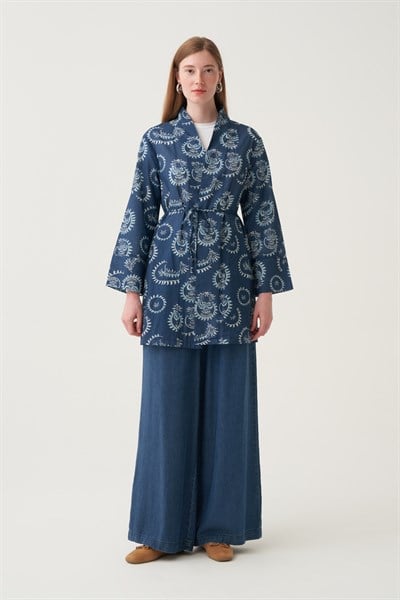 İndigo-Beyaz-Bağlama Detaylı Desenli Vual Kimono