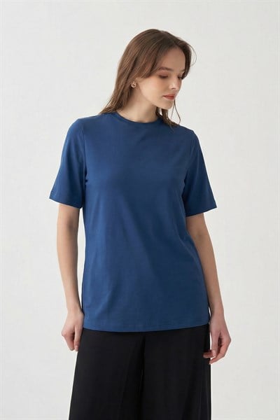 İndigo-Bisiklet Yaka Modal T-Shirt