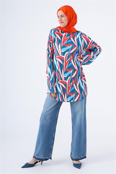 İndigo-Kırmızı-Piliseli Emprime Desenli Rahat Kalıp Tunik