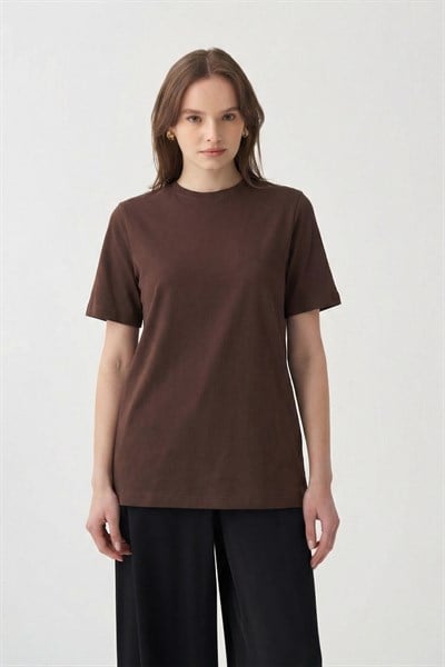 Kahve-Bisiklet Yaka Modal T-Shirt
