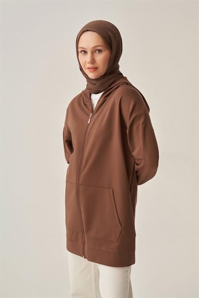 Kahve-Kapüşonlu Fermuarlı Likralı Sweat Hırka