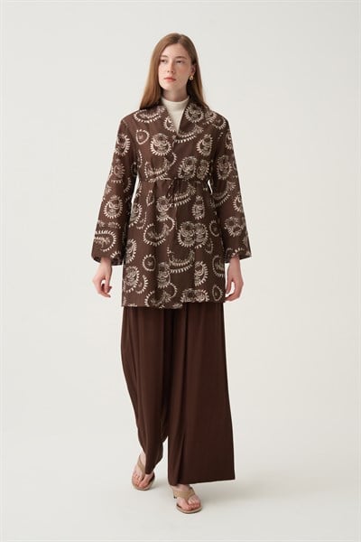 Kahve-Taş-Bağlama Detaylı Desenli Vual Kimono
