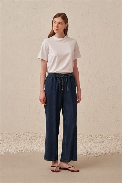 Koyu Mavi-Beli Lastikli Denim Pantolon