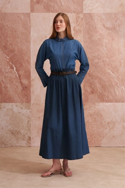Koyu Mavi-Beli Pile Detaylı Denim Etek