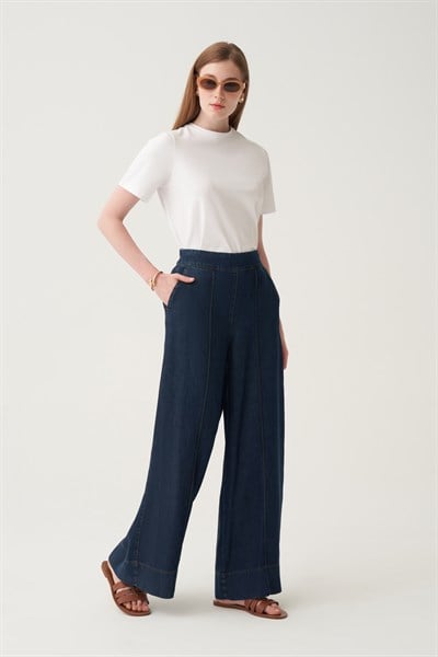 Koyu Mavi-Bol Paça Denim Tensel Pantolon