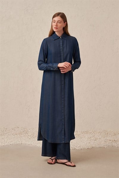 Koyu Mavi-Denim Uzun Gömlek