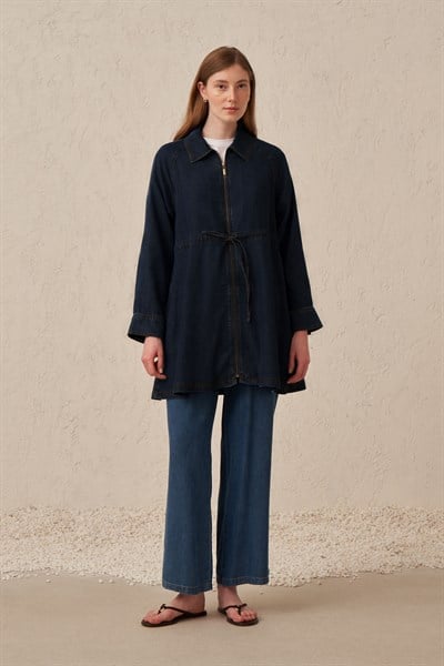 Koyu Mavi-Fermuarlı Tensel Denim Ceket