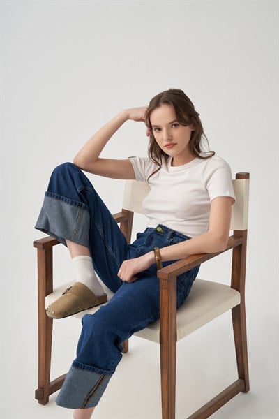 Koyu Mavi-Geniş Paça Denim Pantolon