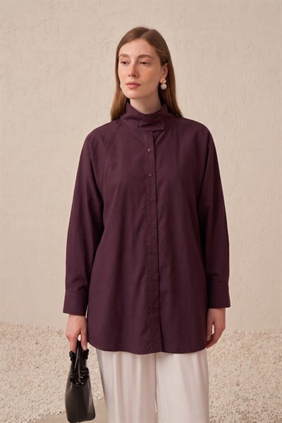 Koyu Mürdüm-Yüksek Yaka Reglan Gömlek