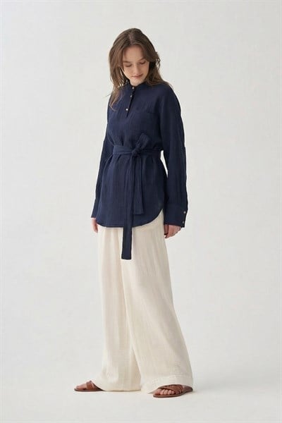 Navy Belted Muslin Shirt