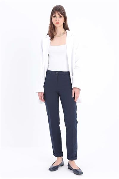 Navy Blue-Cotton Double Leg Slim Cut Trousers