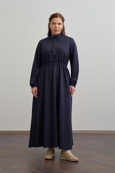 Lacivert-Pamuklu Yarım Patlı Elbise