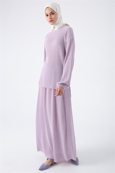 Lilac-Pleated Slit Detailed Blouse and Skirt Suit