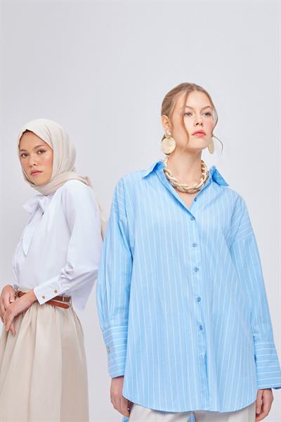 Blue-White-100% Cotton Striped Shirt Tunic