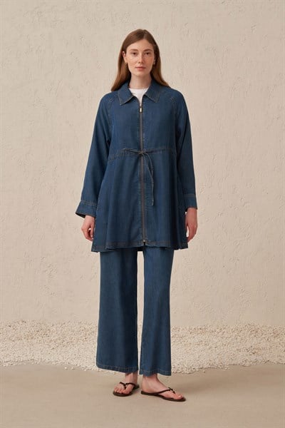 Mavi-Fermuarlı Tensel Denim Ceket
