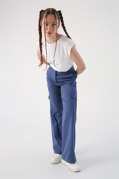Blue-Cotton Cargo Pocket Wide Leg Trousers