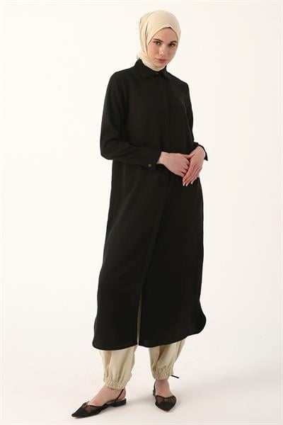 Black-Hidden Plaid Long Shirt Tunic