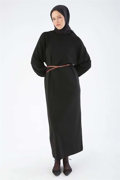 Siyah-Kemerli İnce Triko Elbise