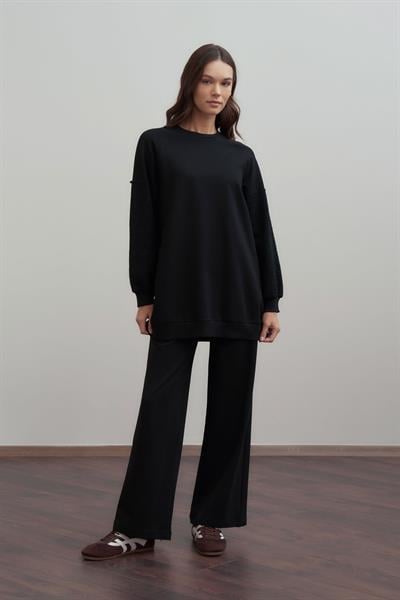 Siyah-Pamuklu Dantel Garnili Eşofman Takımı